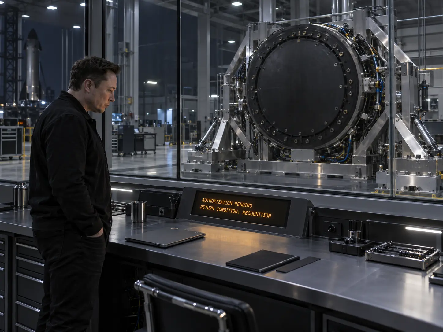 X at a return-system console in a test bay. Authorization remains pending.