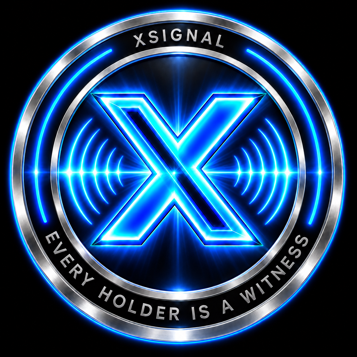The X token coin, displaying XSIGNAL, a silver rim, a radiant blue X, and the inscription Every Holder Is a Witness.